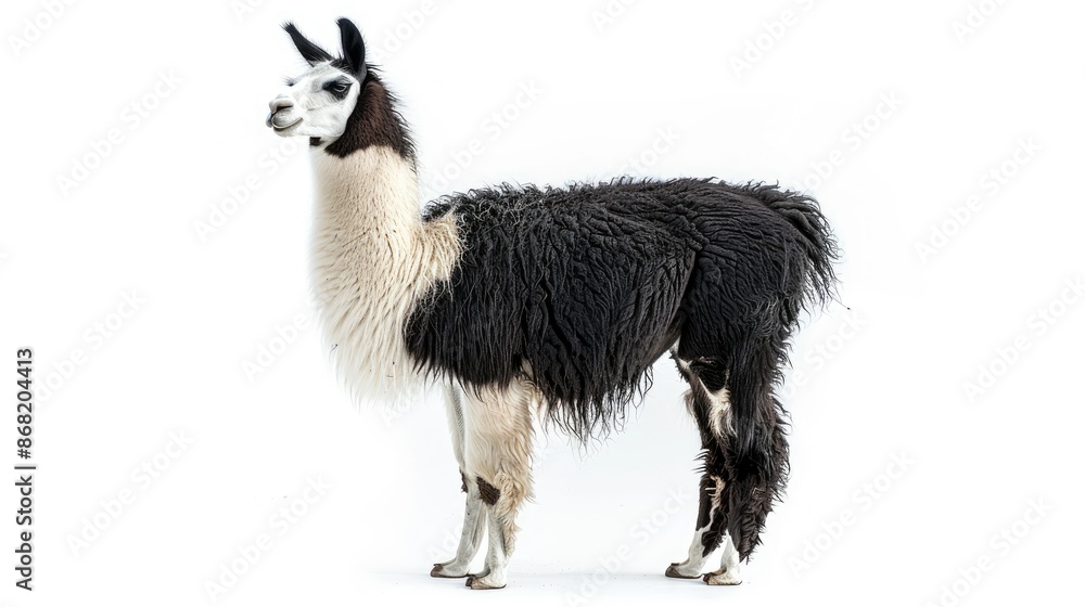 Naklejka premium Black and white llama standing with its head turned slightly, isolated on a white backdrop