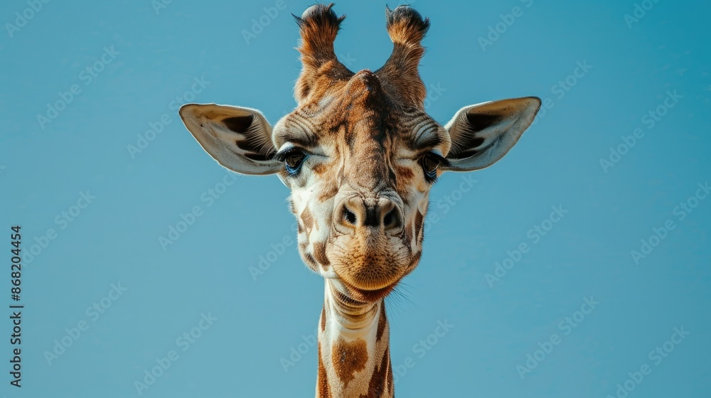 Naklejka premium Close-up of a giraffe's face, highlighting its spots and the bright blue sky of Africa