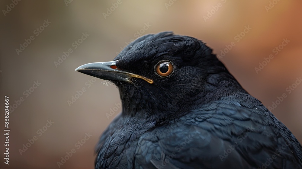 Fototapeta premium Close-up portrait of a Turdus merula, highlighting its sleek black feathers and alert eyes