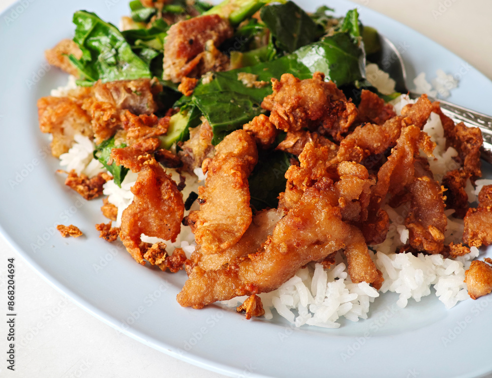 Fried Pork and Kale with Rice