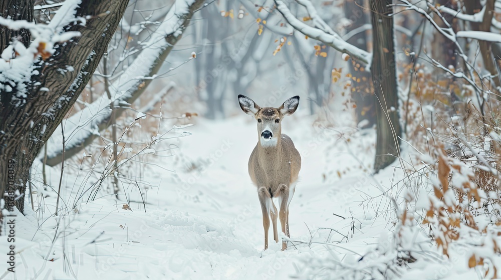 Deer walking through a snow-covered forest, highlighting wildlife in a winter setting Deer walking through a snow-covered forest, highlighting wildlife in a winter setting