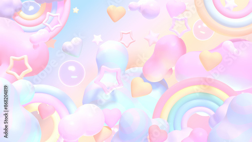 3d rendered cartoon rainbow sky with stars, bubbles, hearts, and clouds.