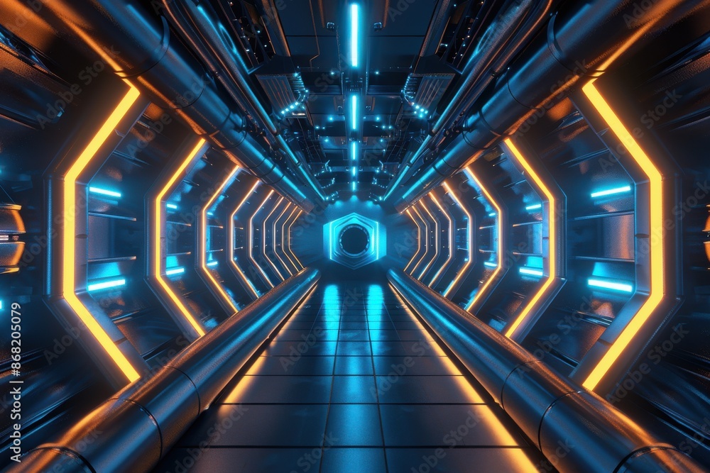 Futuristic Sci-Fi Corridor with Blue and Orange Neon Lights. A 3D Illustration Futuristic Sci-Fi Corridor with Blue and Orange Neon Lights. A 3D Illustration