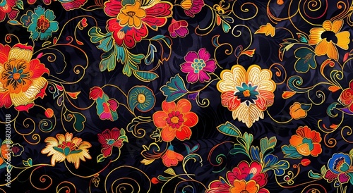 Colorful Fabric With Golden Embroidered Floral Patterns