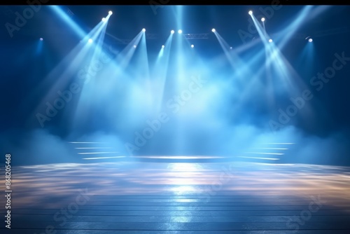 Night performance. Empty stage background spotlight scene. Blue smoke. Stairs scene. Platform or stage.