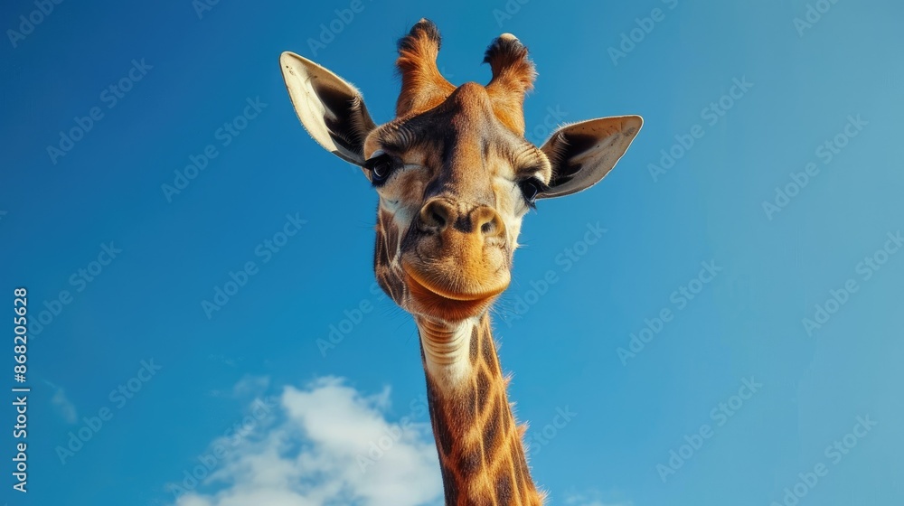 Naklejka premium Giraffe head shot with a vibrant blue sky in Africa, highlighting its long neck and features