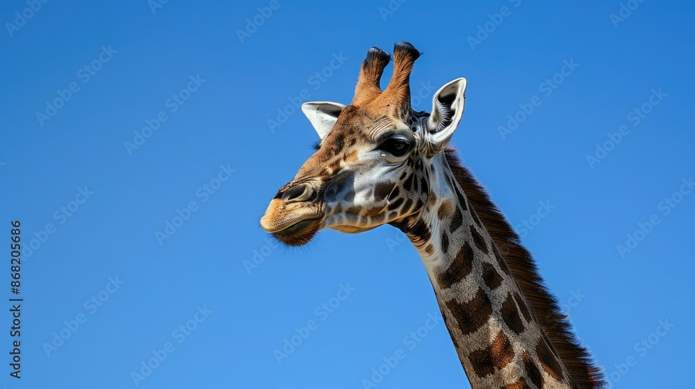 Fototapeta premium Giraffe head shot with the bright blue sky of Africa, highlighting its long neck and features