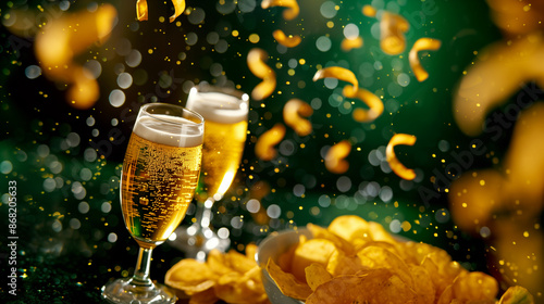 Fresh cold beer and bowl of chips snack on dark green background with gold bokeh lights. Sport bar and pub. New Year, Beer Day, Soccer. Watch sport games and drink. Banner with copy space. 