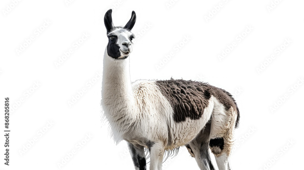 Obraz premium Isolated image of a black and white llama standing, captured against a white background