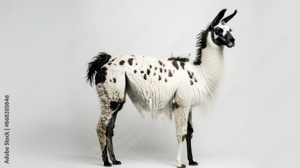Fototapeta premium Isolated shot of a black and white llama standing, looking to the side, on a plain white background