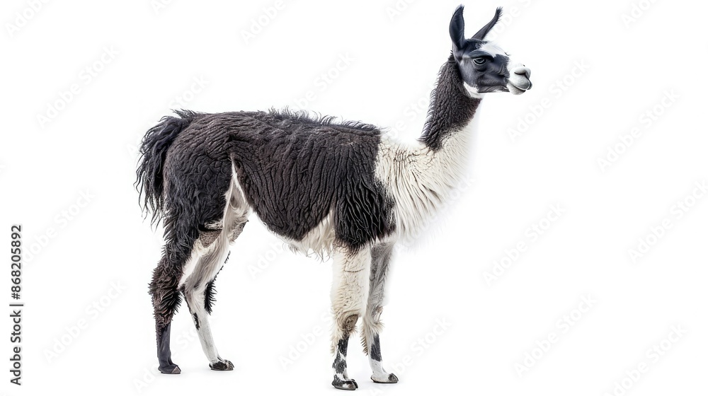 Fototapeta premium Isolated shot of a black and white llama standing, showcasing its unique markings on a white background