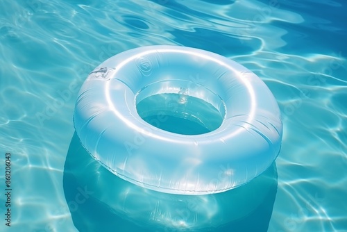 Luxurious aesthetic light blue inflatable ring floating on crystal clear pool water top view
