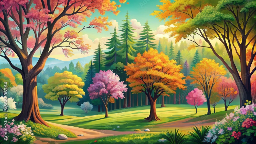 Obraz premium Vibrant vector illustration of forest landscape showcasing diverse trees with summer green, autumn orange, and spring pink blossoms foliage seasons.