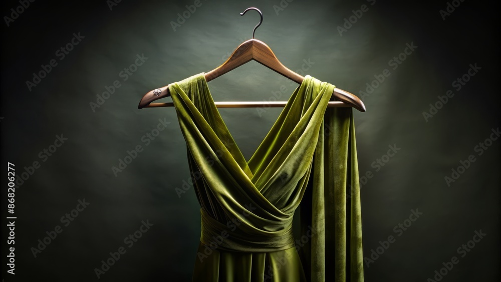 Fototapeta premium Luxurious moss-green ensemble draped elegantly on a velvet hanger against a sleek black background, exuding sophistication and refined glamour.