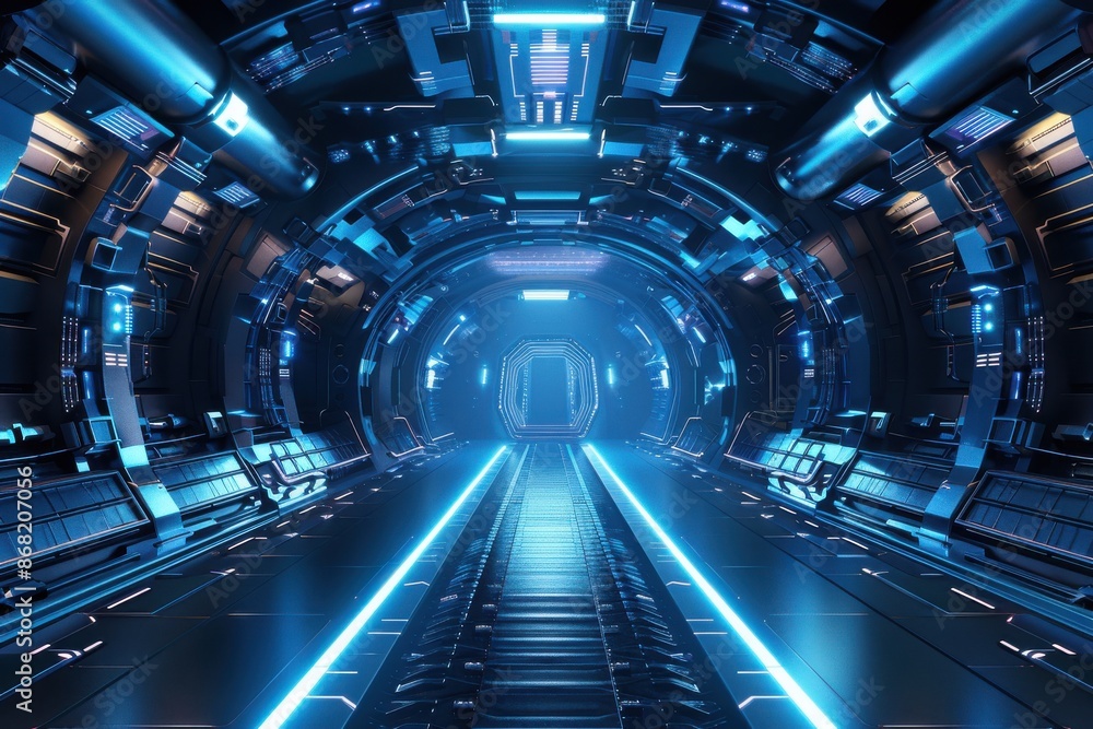Futuristic Sci-Fi Spaceship Corridor with Blue Neon Lights and Reflective Surfaces, Concept of Space Travel, Technology, and the Future Futuristic Sci-Fi Spaceship Corridor with Blue Neon Lights and Reflective Surfaces, Concept of Space Travel, Technology, and the Future