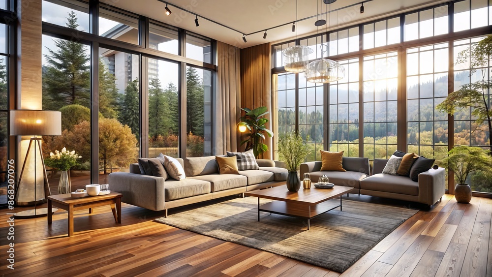 Cozy modern living room with large windows, wooden floors, and minimalist decor, showcasing a sense of warm elegance and sophistication. Cozy modern living room with large windows, wooden floors, and minimalist decor, showcasing a sense of warm elegance and sophistication.