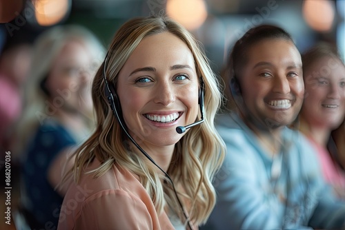 A blonde woman wearing a headset is smiling while working in a call center