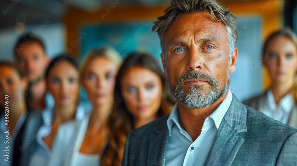 A mature man with a grey beard and blue eyes stands at the forefront of a group, demonstrating leadership and focus A mature man with a grey beard and blue eyes stands at the forefront of a group, demonstrating leadership and focus