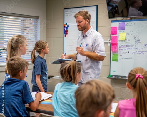 A teacher is leading a small group of students in a classroom. AI.