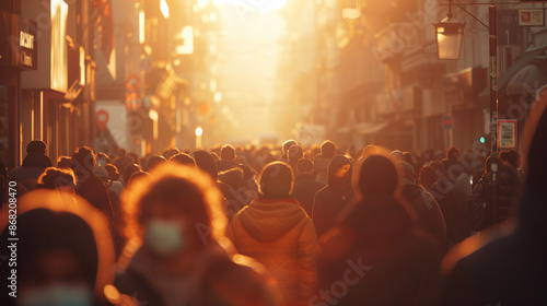 A crowd of people with placards protesting on a city street, rear view, at sunset. A crowd of people on the street against the backdrop of sunset sunlight