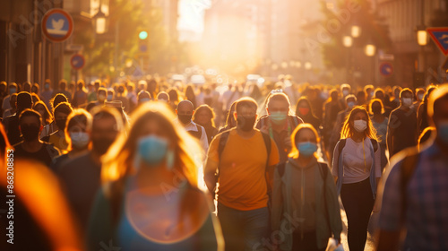 A crowd of people with placards protesting on a city street, rear view, at sunset. A crowd of people on the street against the backdrop of sunset sunlight © DreamyStudio