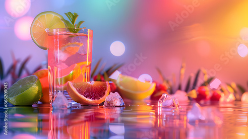 Colorful cocktail with citrus fruits and ice against a vibrant background