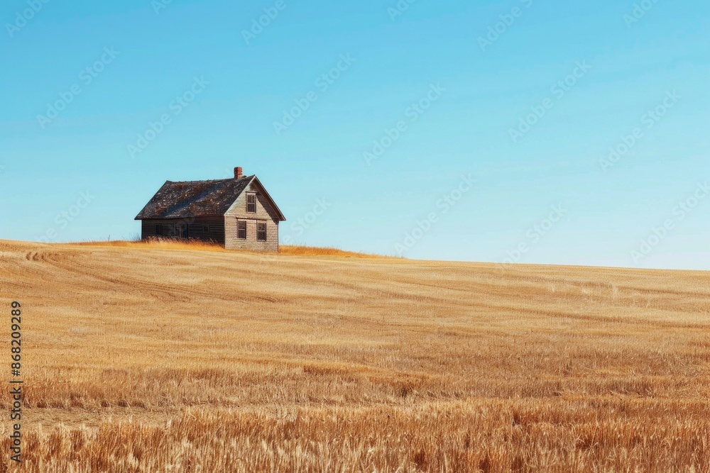 A farmhouse at the edge of a wheat field, with a softly blurred background of golden crops and a clear blue sky. A farmhouse at the edge of a wheat field, with a softly blurred background of golden crops and a clear blue sky.