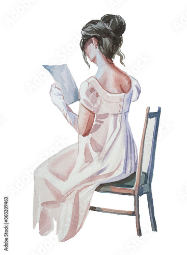 Watercolor woman in a vintage dress reads a love letter illustration. Victorian girl book cover painting. Elegant lady artwork isolated on white.	