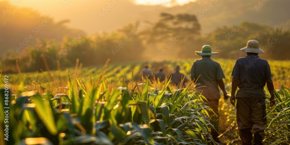 Fototapeta premium Two men walking through a corn field at sunset. AI.
