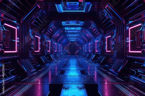 Fototapeta Naklejka Na Ścianę i Meble -  Futuristic Sci-Fi Spaceship Corridor with Neon Lights. Ideal for Gaming, Metaverse, and Cyberpunk Projects