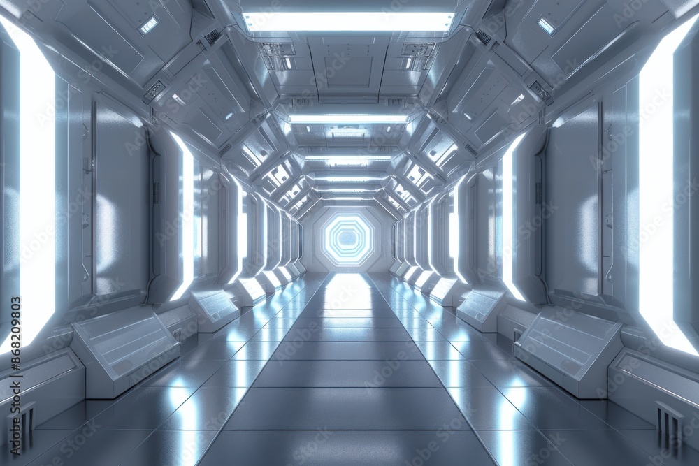 Obraz premium Futuristic Sci-Fi Corridor with Bright Lights. Spaceship or Laboratory Interior