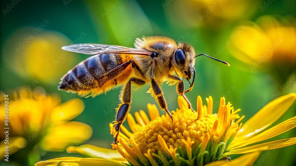 A close-up of a busy bee in mid-air, wings beating rapidly, collecting nectar from a vibrant yellow flower against a blurred green background. A close-up of a busy bee in mid-air, wings beating rapidly, collecting nectar from a vibrant yellow flower against a blurred green background.