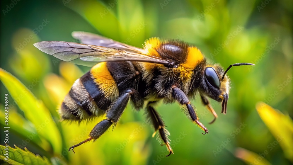 A close-up of a busy, isolated, yellow and black bumblebee in mid-air, blurred wings beating rapidly, surrounded by greenery. A close-up of a busy, isolated, yellow and black bumblebee in mid-air, blurred wings beating rapidly, surrounded by greenery.