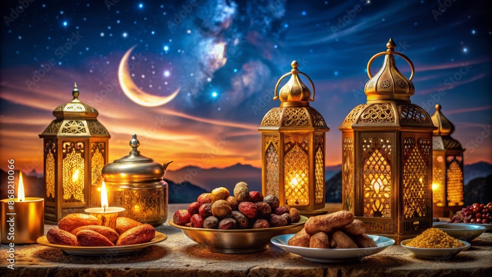 Vibrant Arabic delicacies, dates, and golden lanterns adorn a festive table, set against a tranquil moonlit night sky, exuding warm Ramadan ambiance. Vibrant Arabic delicacies, dates, and golden lanterns adorn a festive table, set against a tranquil moonlit night sky, exuding warm Ramadan ambiance.