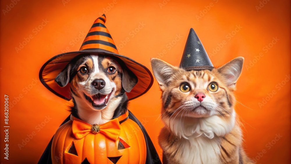 Fototapeta premium Adorable cat and dog duo donning spooky Halloween costumes against vibrant orange backdrop, exuding friendship and festive atmosphere perfectly.