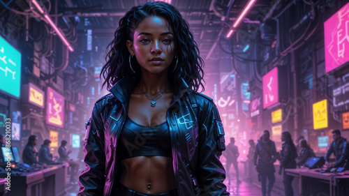 beauty young woman wear cyberpunk clothing in cyberpunk city background