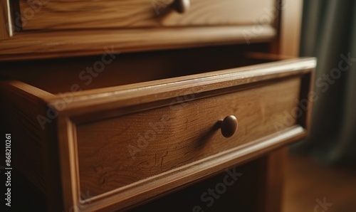 Close-up of an open wooden drawer. AI.