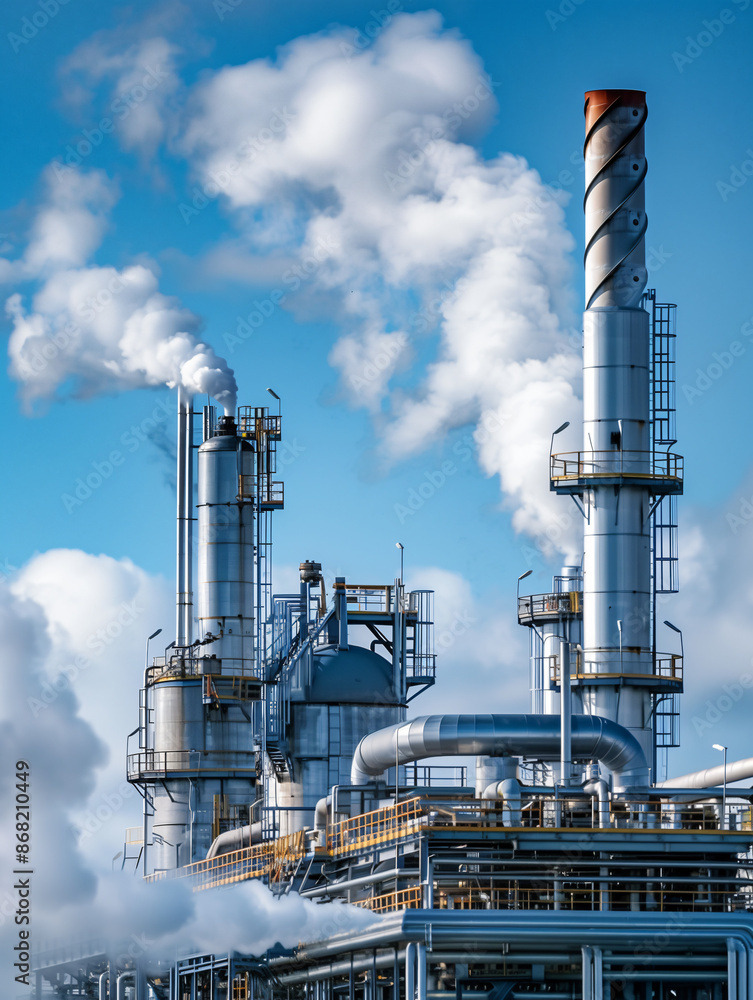 View of a modern industrial power plant with towering chimneys, complex structures, and pipes under a vibrant blue sky View of a modern industrial power plant with towering chimneys, complex structures, and pipes under a vibrant blue sky