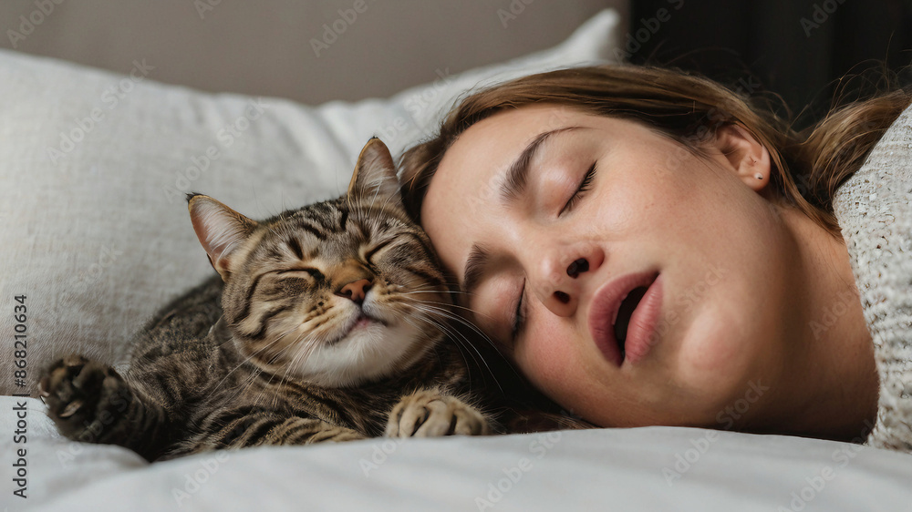woman with her cat sleeping soundly woman with her cat sleeping soundly