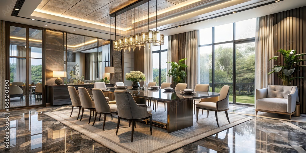 Modern dining room with elegant decor, large windows, and a spacious layout, creating a luxurious dining experience Modern dining room with elegant decor, large windows, and a spacious layout, creating a luxurious dining experience
