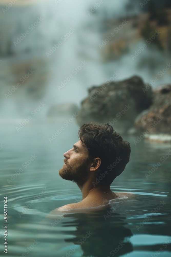 A handsome man bathe in a natural hot springs with steam rising, with a softly blurred background of rocky terrain and greenery. A handsome man bathe in a natural hot springs with steam rising, with a softly blurred background of rocky terrain and greenery.