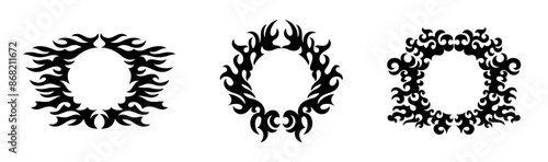 Round symmetrical frames in the style of Gothic ornament. Trendy neo-tribal tattoo design elements. Vector art