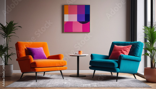 A commonplace living space with a single stylish lounge chair, accented in vivid hues against a neutral backdrop, offering a cozy spot for relaxation, Generative AI