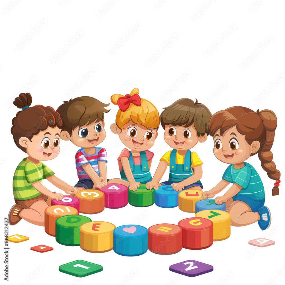 Children participating in a math lesson with number cards and manipulatives Children participating in a math lesson with number cards and manipulatives