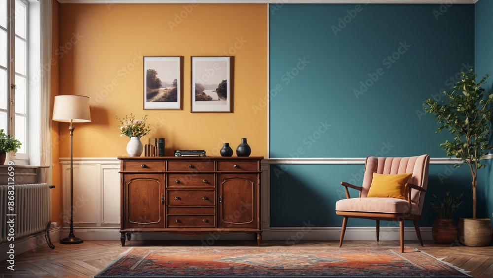 Old-Time Comfort: Peaceful Room with an Empty Wall and Retro Decor, Generative AI Old-Time Comfort: Peaceful Room with an Empty Wall and Retro Decor, Generative AI