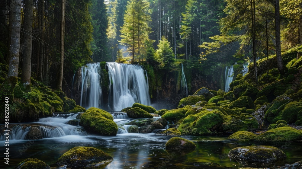 A tranquil waterfall in a secluded forest, with moss-covered rocks and tall green trees surrounding the scene A tranquil waterfall in a secluded forest, with moss-covered rocks and tall green trees surrounding the scene