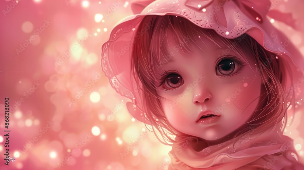 Fototapeta premium Charming Doll of a Child Amidst Twinkling Bokeh Lights