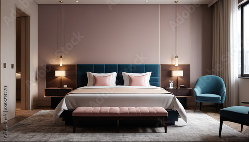 A luxurious hotel room adorned with subtle hues against an empty wall, providing a refined ambiance for guests to indulge in relaxation and comfort, Generative AI