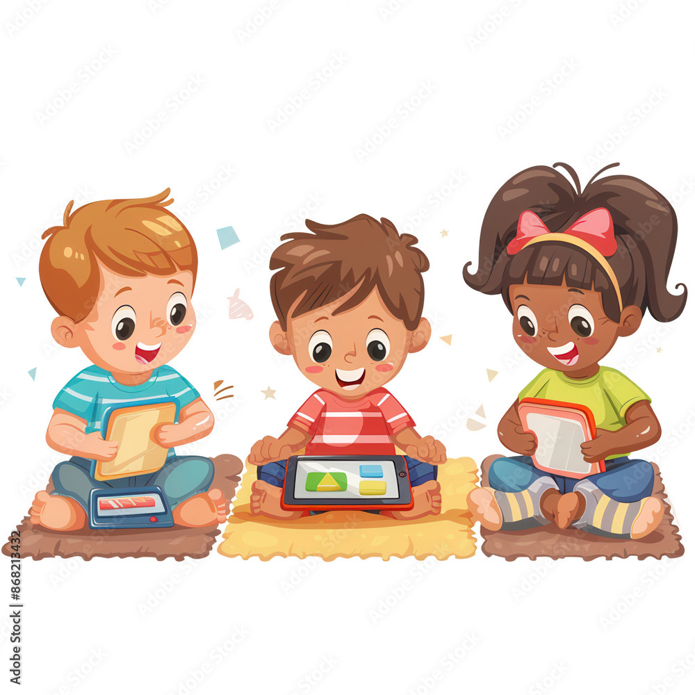 Children playing educational games on tablets in a classroom, enhancing their learning experience through interactive technology. Children playing educational games on tablets in a classroom, enhancing their learning experience through interactive technology.