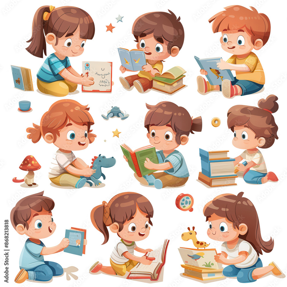 Children practicing reading skills with phonics cards and books Children practicing reading skills with phonics cards and books